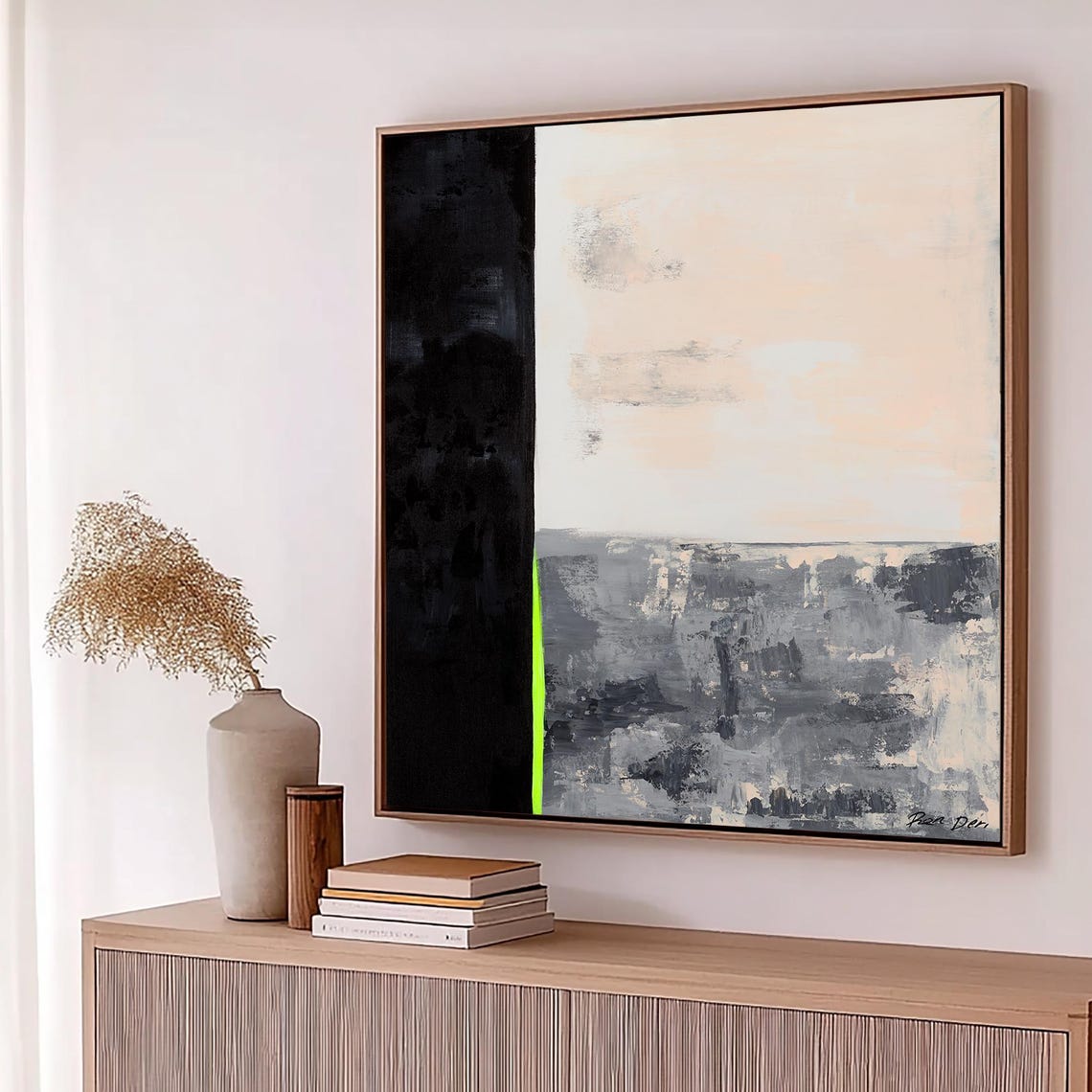 Neutral Black Cream Abstract Poster with a Neon Green Line Accent