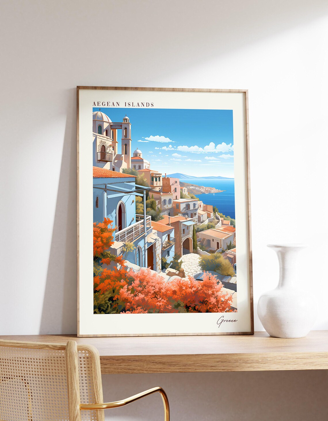 Aegean Islands Greece Hillside Town Sea View Travel Poster Art
