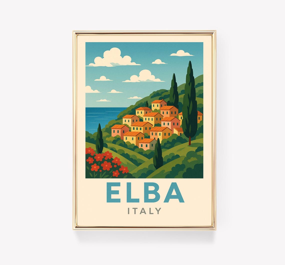 Elba Italy Vintage Travel Poster Hillside Village Sea View Art