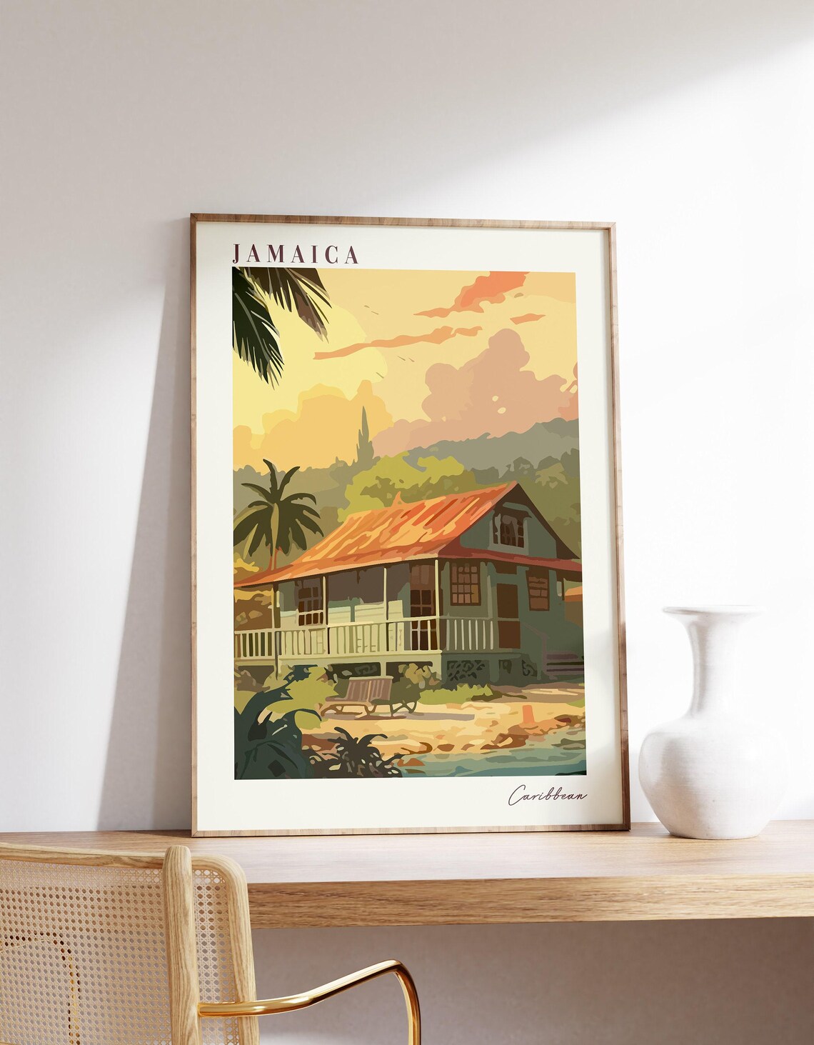 Jamaica Caribbean Beach House Palm Trees Sunset Vintage Travel Poster
