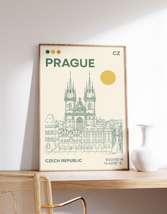 Prague Czech Republic Minimal Line Art Cathedral Travel Poster