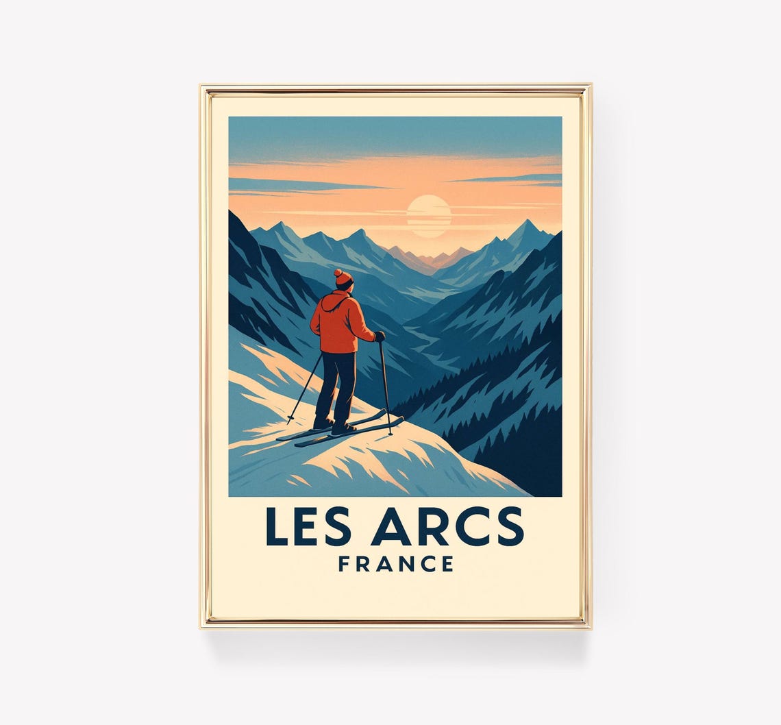 Les Arcs France Skier Sunset Alps Vintage Winter Travel Poster