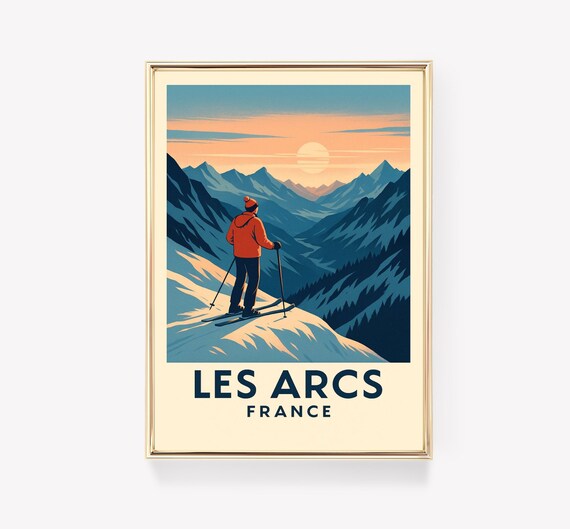 Les Arcs France Skier Sunset Alps Vintage Winter Travel Poster
