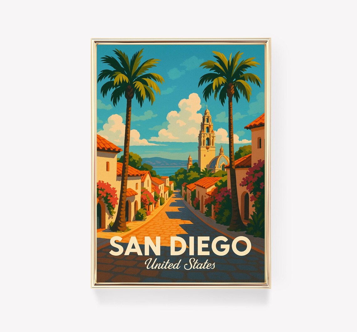 San Diego United States Spanish Street Palms Vintage Travel Poster