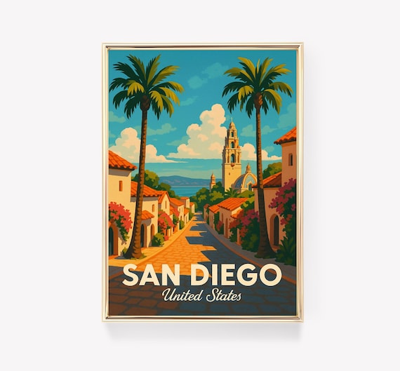 San Diego United States Spanish Street Palms Vintage Travel Poster