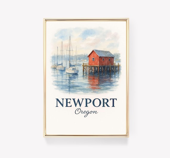 Newport Oregon Harbor Sailboats Watercolor Red Boathouse Travel Poster