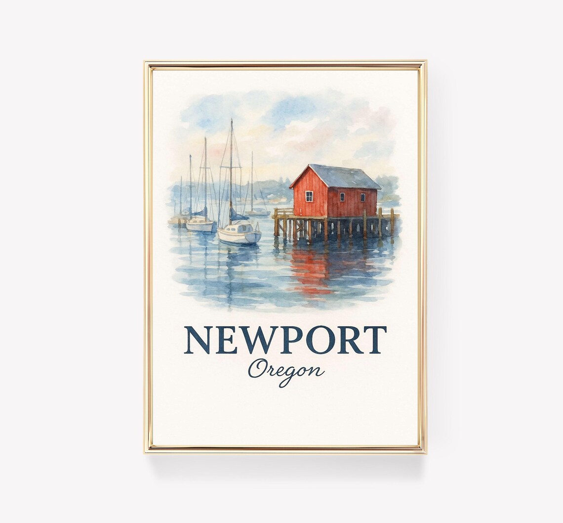 Newport Oregon Harbor Sailboats Watercolor Red Boathouse Travel Poster