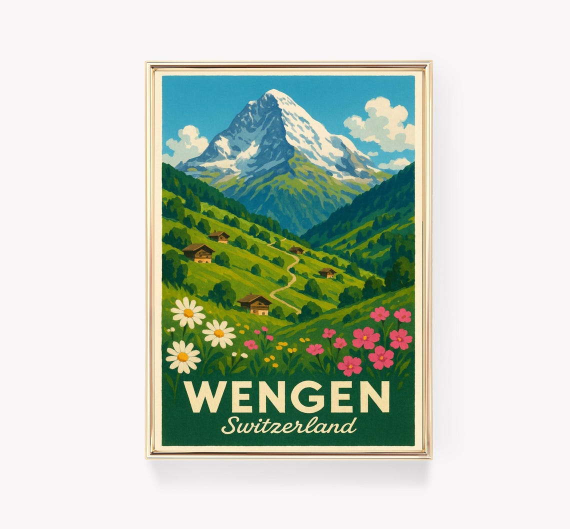 Wengen Switzerland Alpine Peak Chalets Vintage Travel Poster