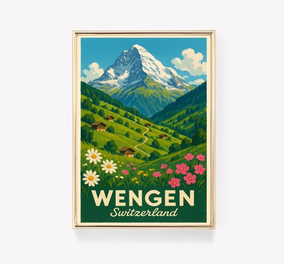 Wengen Switzerland Alpine Peak Chalets Vintage Travel Poster