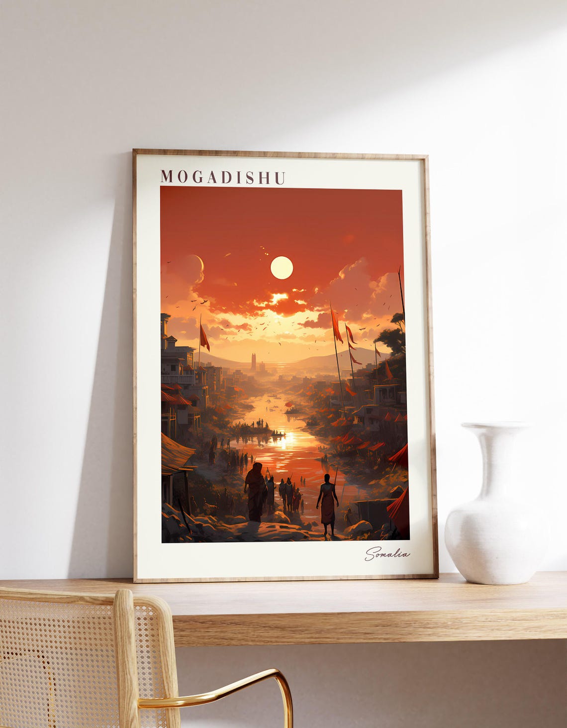 Mogadishu Somalia Sunset Harbor River Scene Illustration Poster