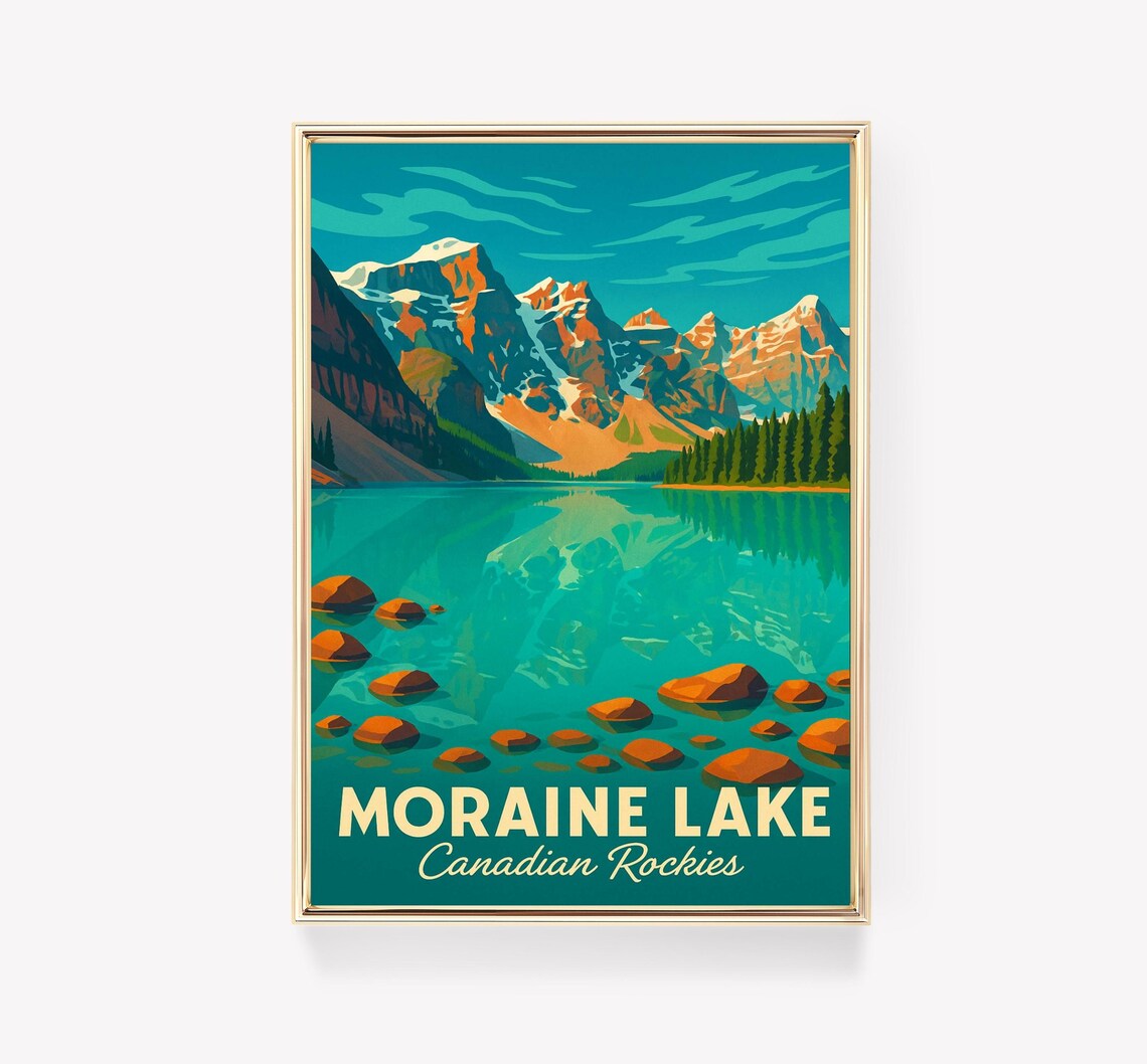 Moraine Lake Canadian Rockies Turquoise Shore Peaks Travel Poster