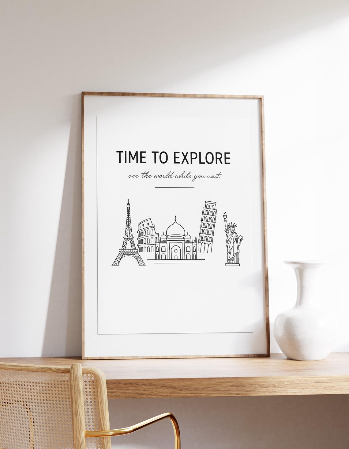 Time To Explore World Landmarks Line Art Minimal Travel Poster