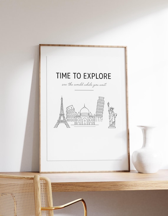 Time To Explore World Landmarks Line Art Minimal Travel Poster