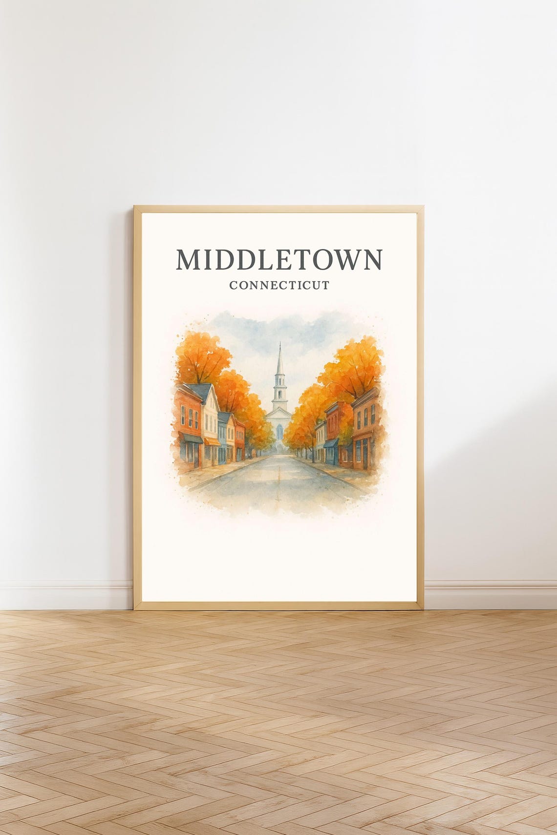 Middletown Connecticut Autumn Street Watercolor Travel Poster