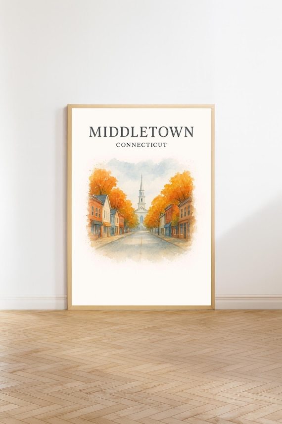 Middletown Connecticut Autumn Street Watercolor Travel Poster