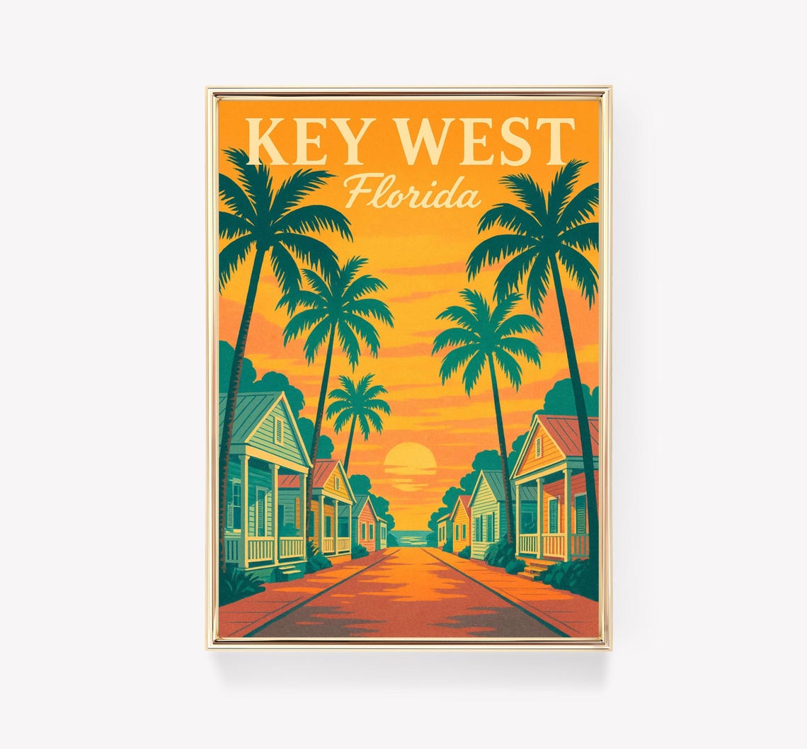 Key West Florida Palm Sunset Street Vintage Retro Travel Poster