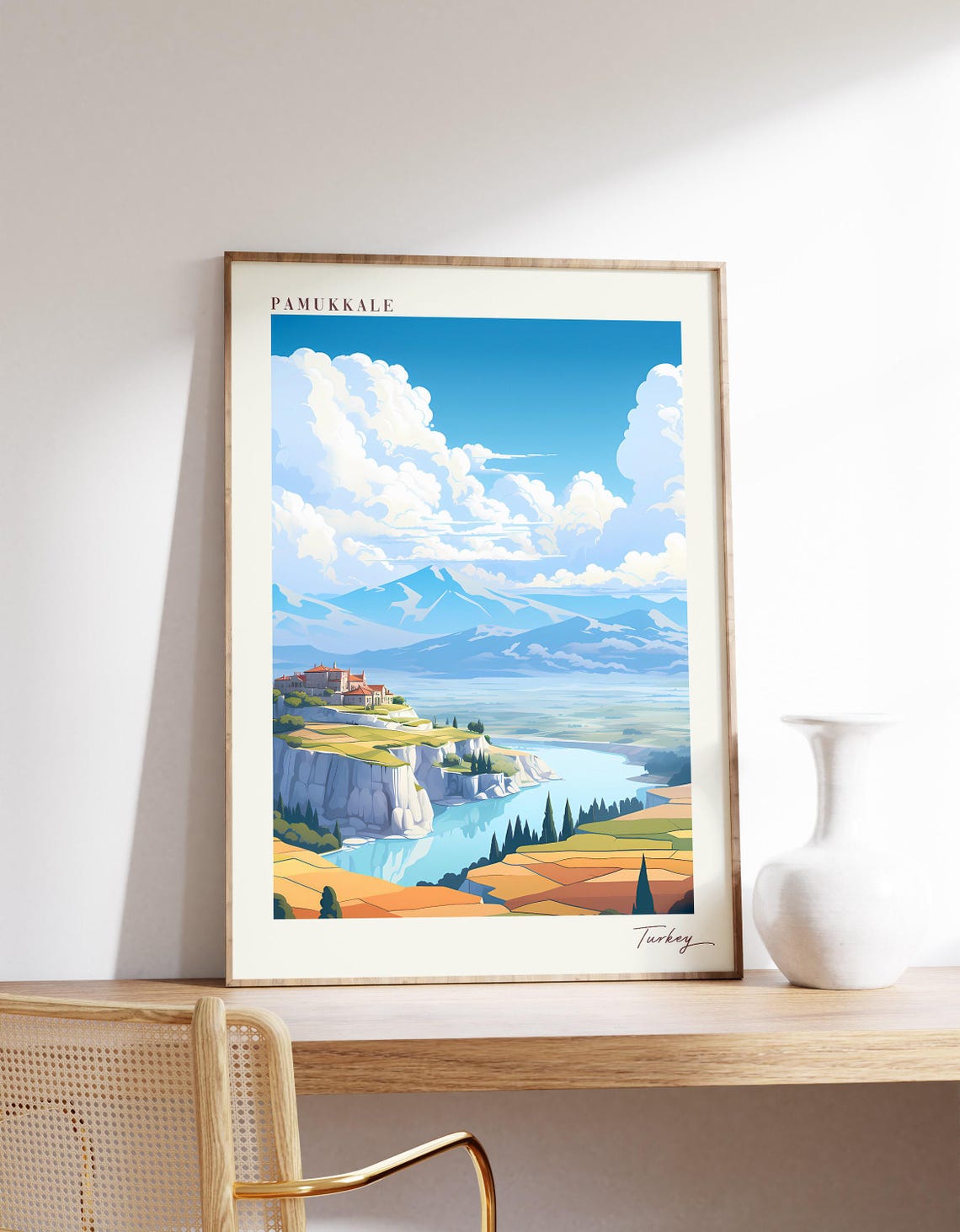 Pamukkale Turkey White Cliffs River Mountain Vintage Travel Poster