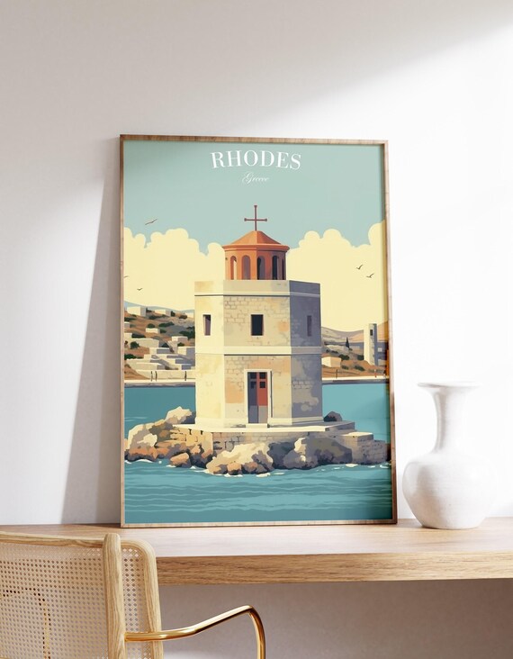 Rhodes Greece Stone Lighthouse Harbor Seaside Vintage Travel Poster