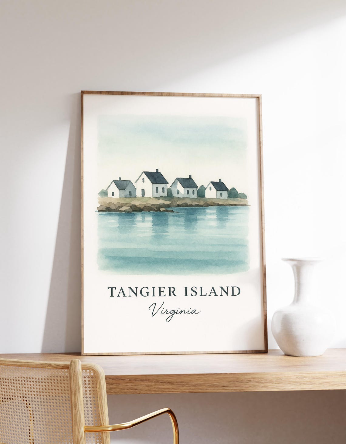 Tangier Island Virginia Watercolor Coastal Houses Serene Travel Poster