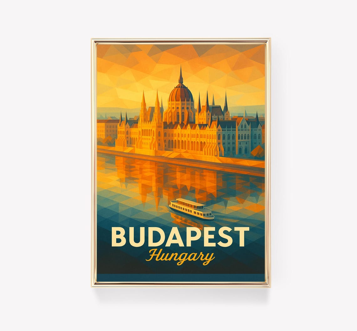 Budapest Hungary Parliament Building Sunset Geometric Travel Poster