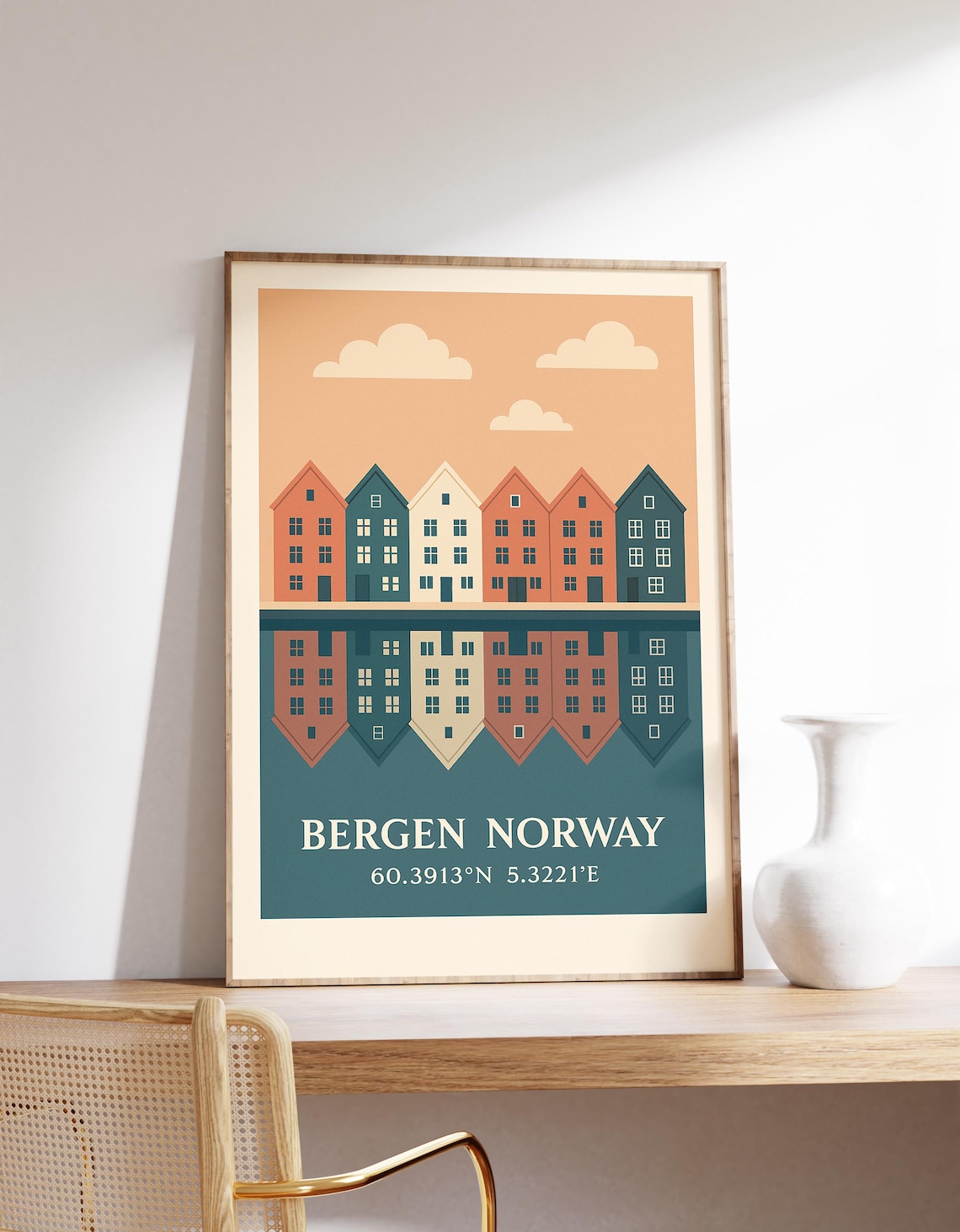 Bergen Norway Bryggen Travel Poster, Coastal Decor