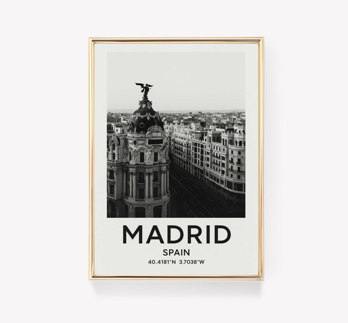 Madrid Spain Metropolis Building Black and White Photo Poster