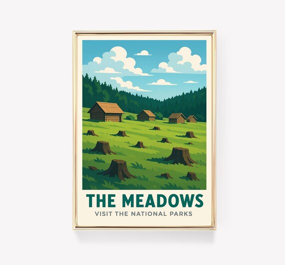 The Meadows National Parks Pine Forest Log Cabin Vintage Travel Poster