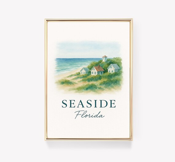 Seaside Florida Vintage Travel Poster Watercolor Beach Cottages Art