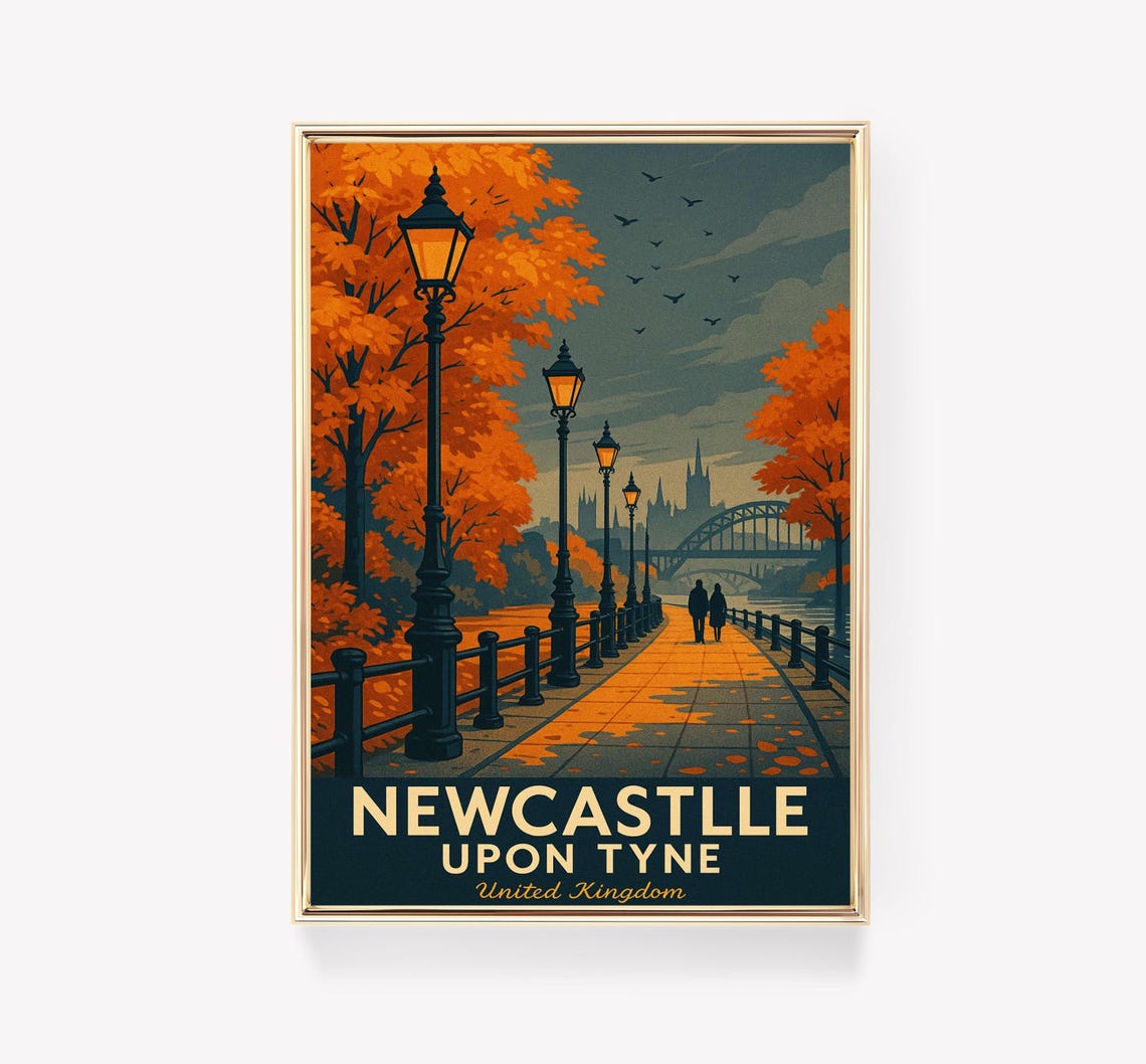 Newcastle Upon Tyne UK Autumn Riverside Promenade Travel Poster