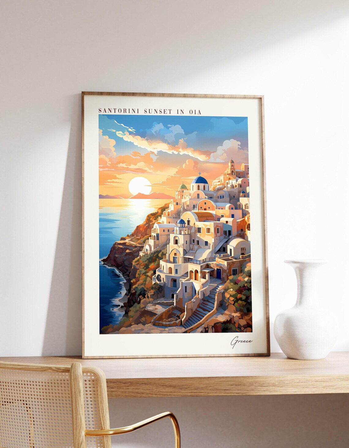 Santorini Sunset In Oia Travel Poster, Greece Decor