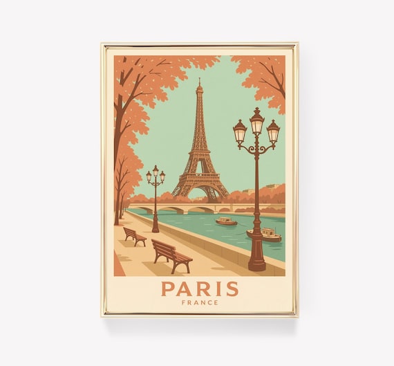Paris France Vintage Eiffel Tower Seine Riverside Travel Poster