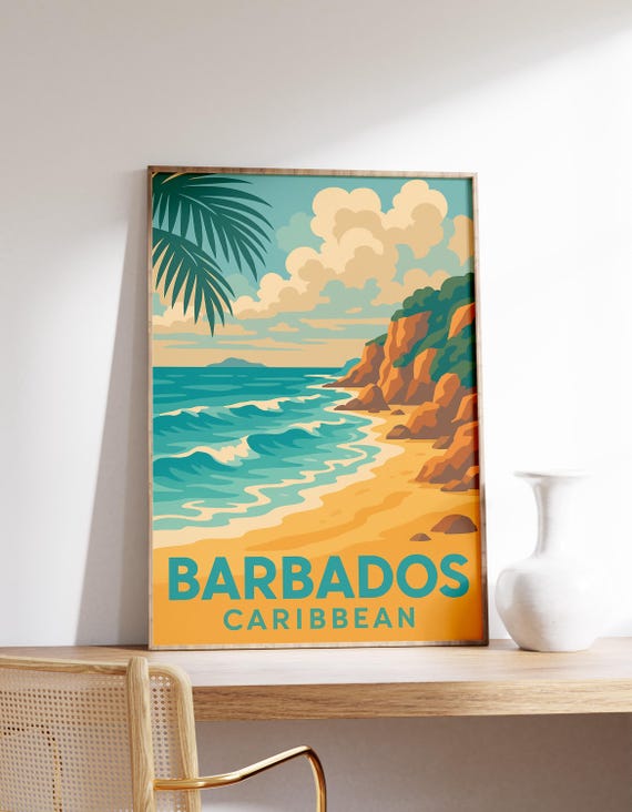 Barbados Beach Poster Caribbean Coast Print Wall Art Tropical Island Decor Ocean Cliff Scene