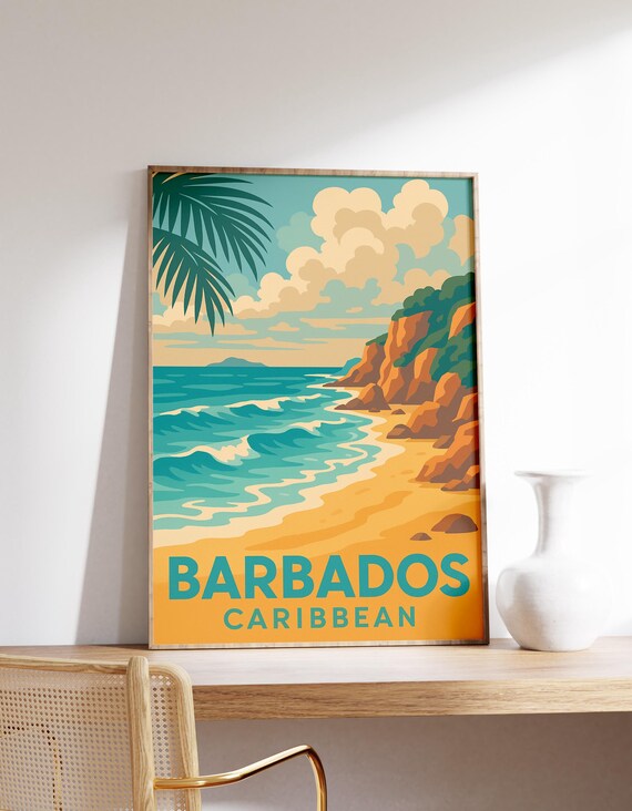Barbados Caribbean Beach Palm Cliffs Vintage Travel Art Poster