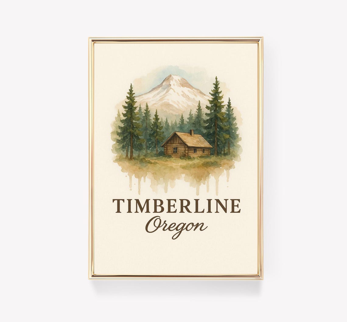 Timberline Oregon Log Cabin Watercolor Mountain Retreat Poster