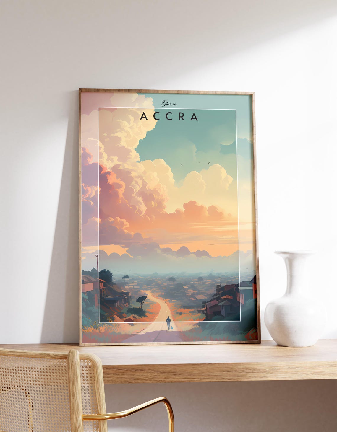 Accra Ghana Sunset Village Road Dramatic Sky Travel Poster Art