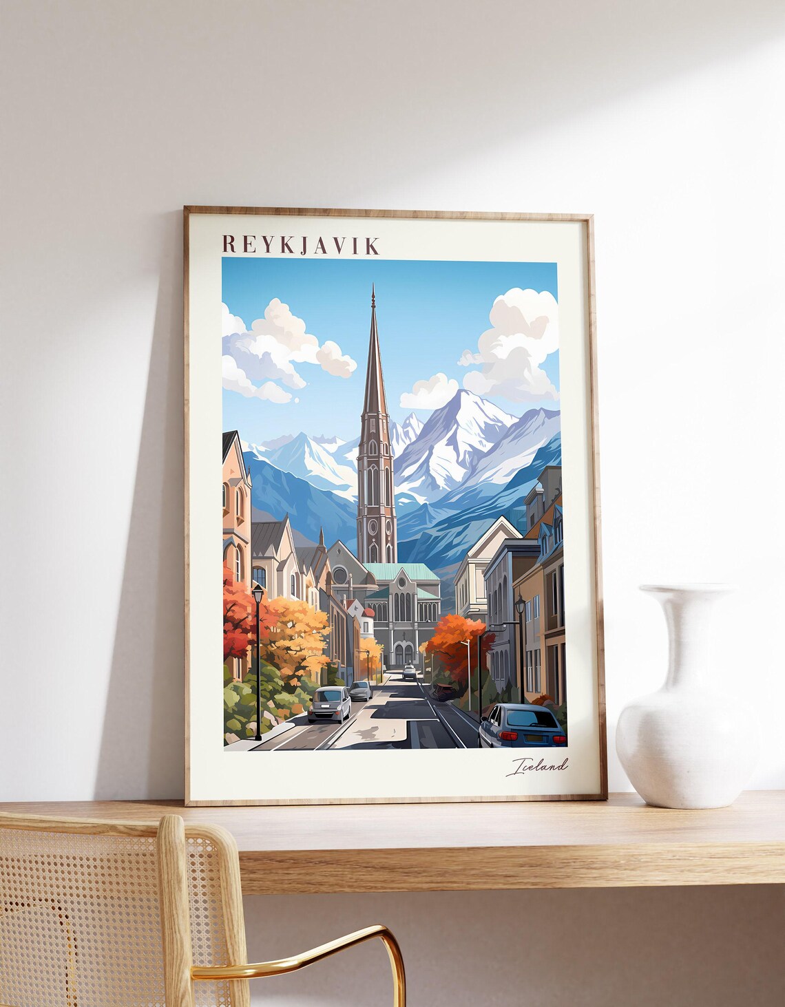 Reykjavik Iceland Travel Poster Snowy Mountain Street Autumn Scene