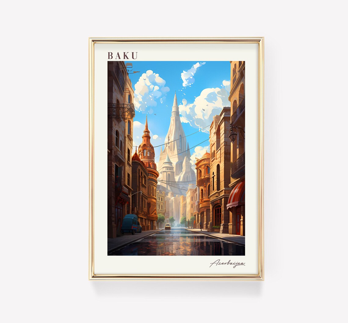 Baku Azerbaijan Historic Old Town Street Golden Hour Travel Poster