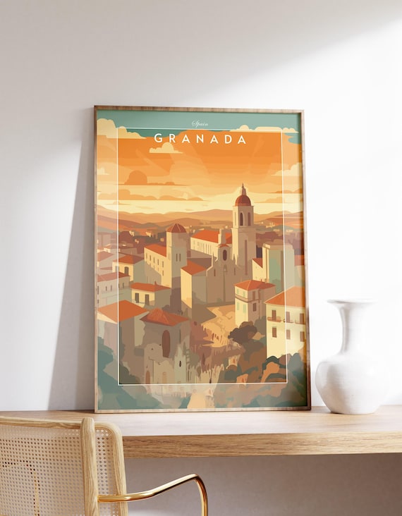 Granada Spain Terracotta Rooftops Church Tower Sunset Travel Poster
