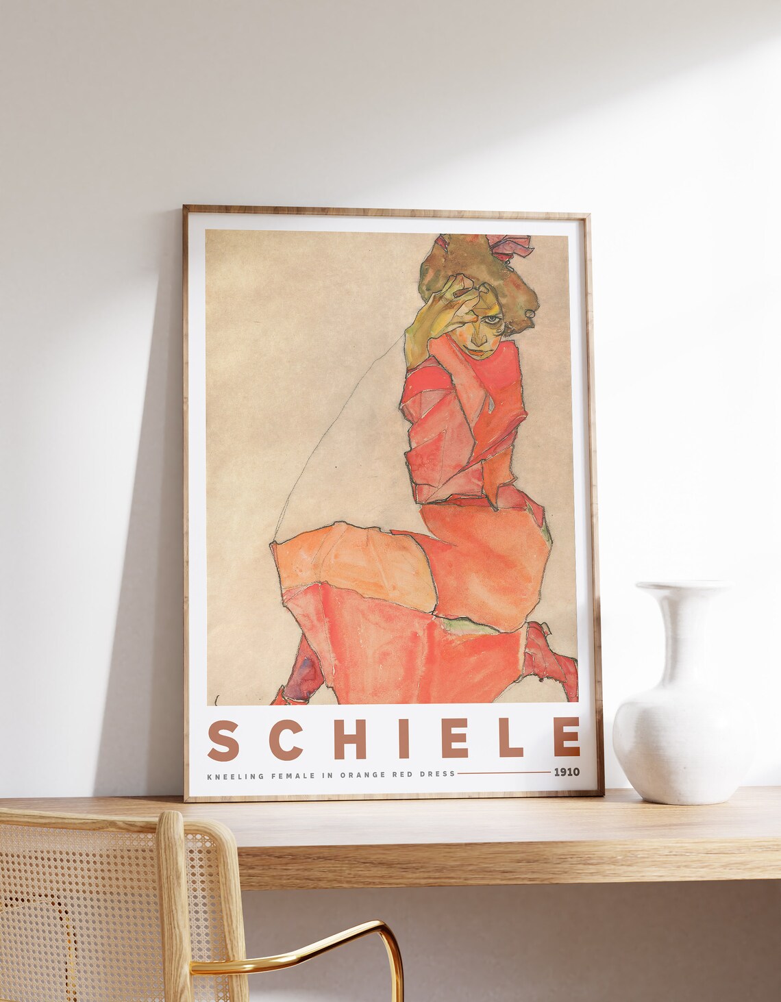 Egon Schiele Kneeling Female in Orange Red Dress, Poster