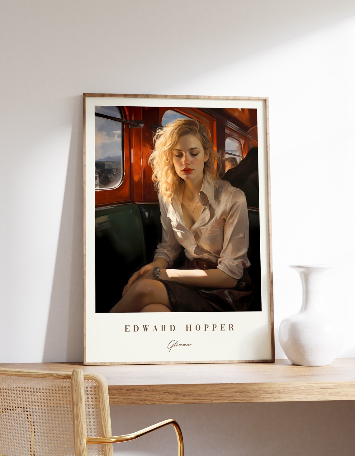 Edward Hopper Style Glimmer Blonde Woman Vintage Train Carriage Art Poster