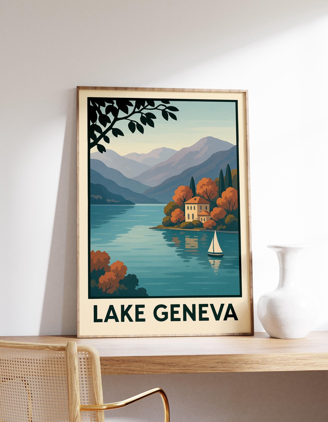Lake Geneva Autumn Lakeside Villa Sailboat Vintage Travel Poster