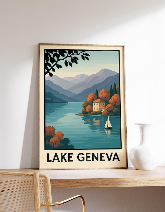 Lake Geneva Poster Swiss Alps Wall Art Autumn Print Travel Decor Sailboat
