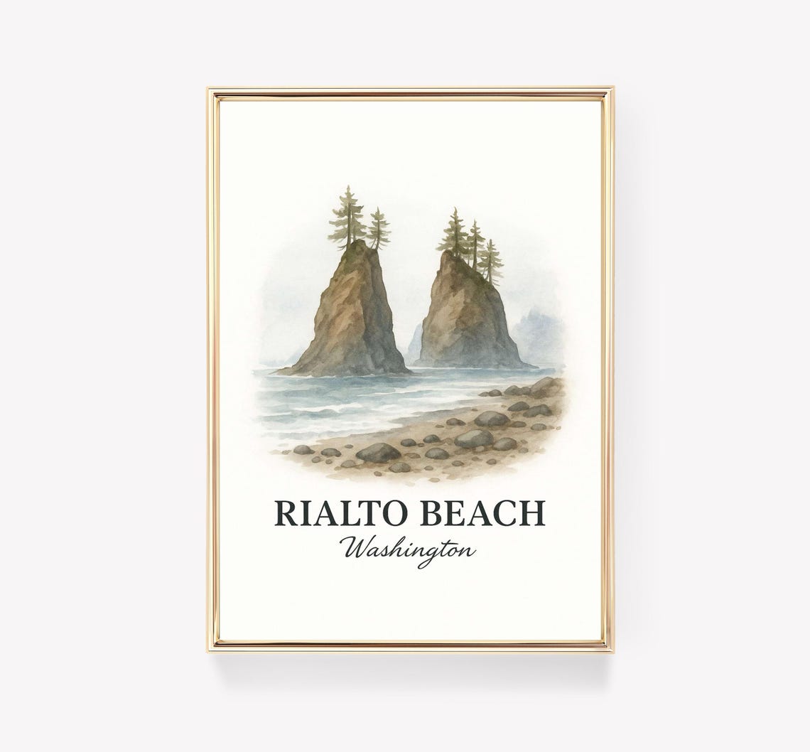 Rialto Beach Washington Coast Sea Stacks Watercolor Travel Poster