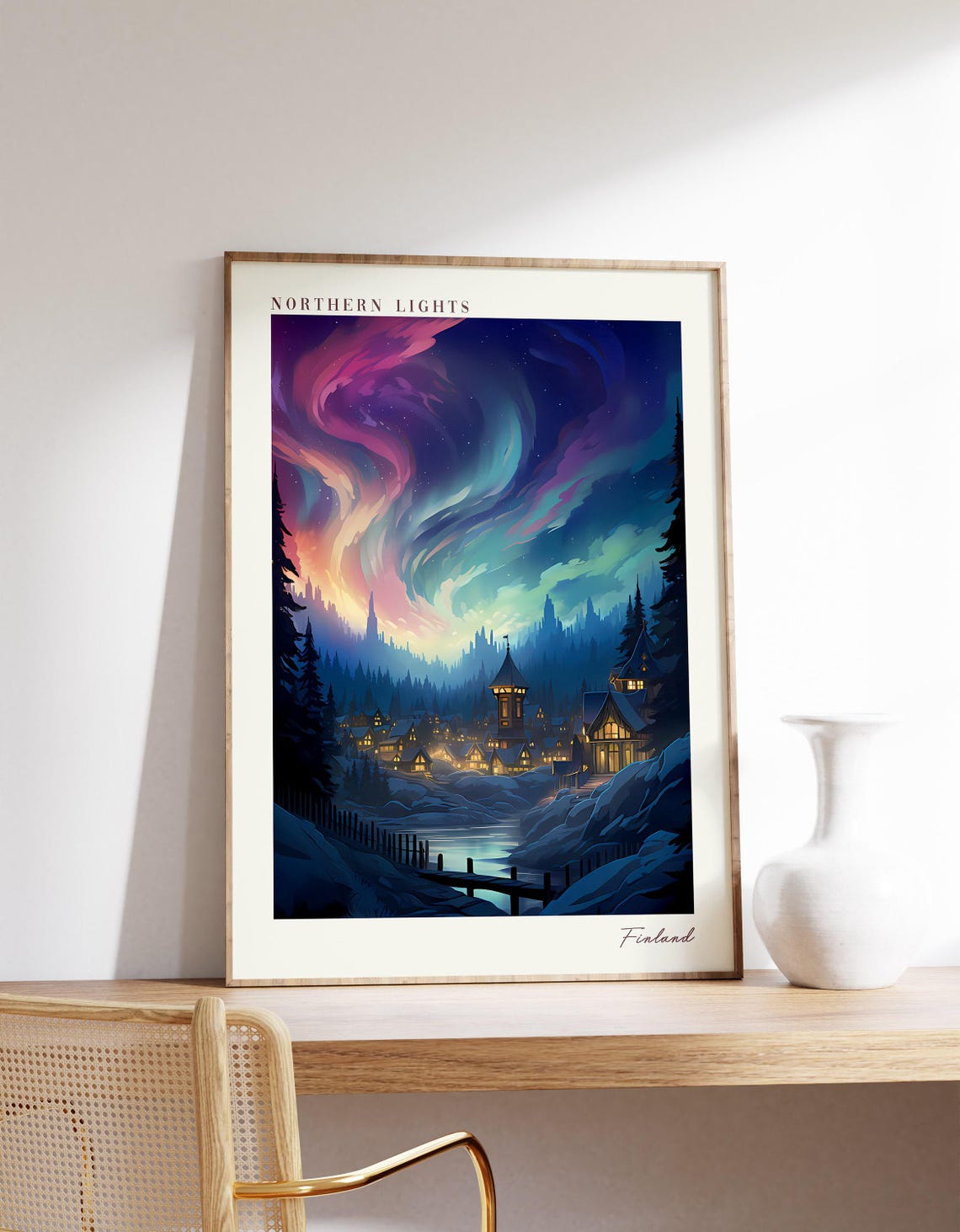 Northern Lights Finland Aurora Village Night Sky Winter Travel Poster