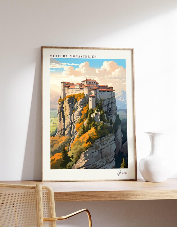 Meteora Monasteries Greece Cliff Top Rock Pillar Travel Poster