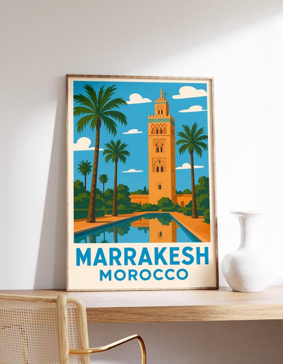 Marrakesh Travel Poster Morocco Wall Art Koutoubia Mosque Print Decor Moroccan Architecture