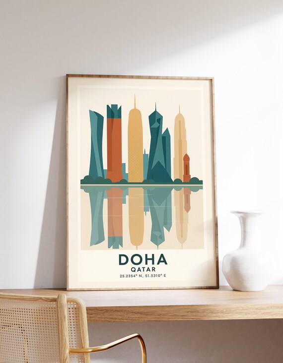 Doha Skyline Poster Qatar Travel Art Modern Print Wall Decor Middle East Architecture