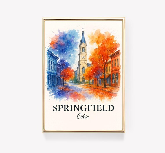 Springfield Ohio Clock Tower Church Autumn Trees Watercolor Poster