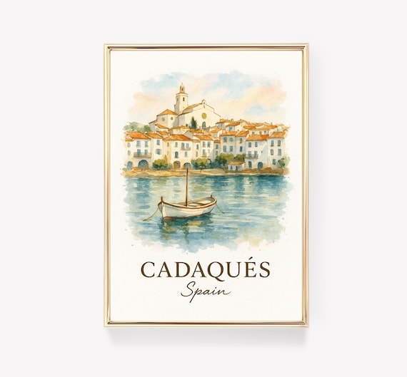 Cadaques Spain Watercolor Whitewashed Coastal Town Scene Poster