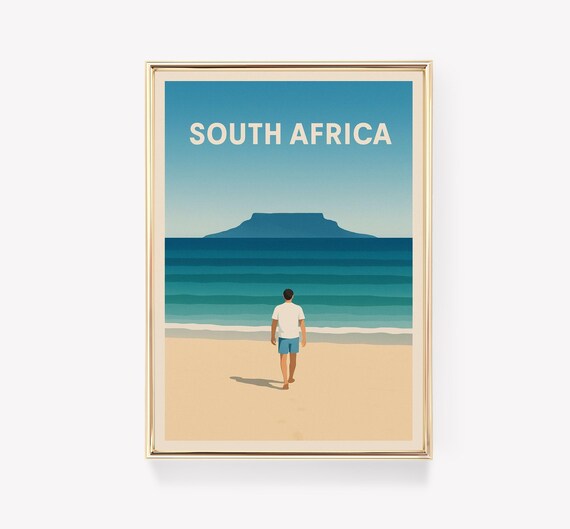 South Africa Table Mountain Beach Minimalist Coastal Travel Poster Art
